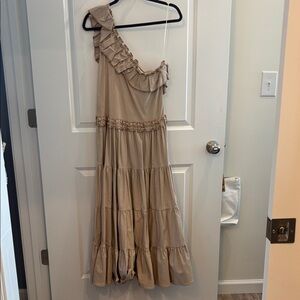 Margot One-Shoulder Ruffle Maxi Dress in Tan
